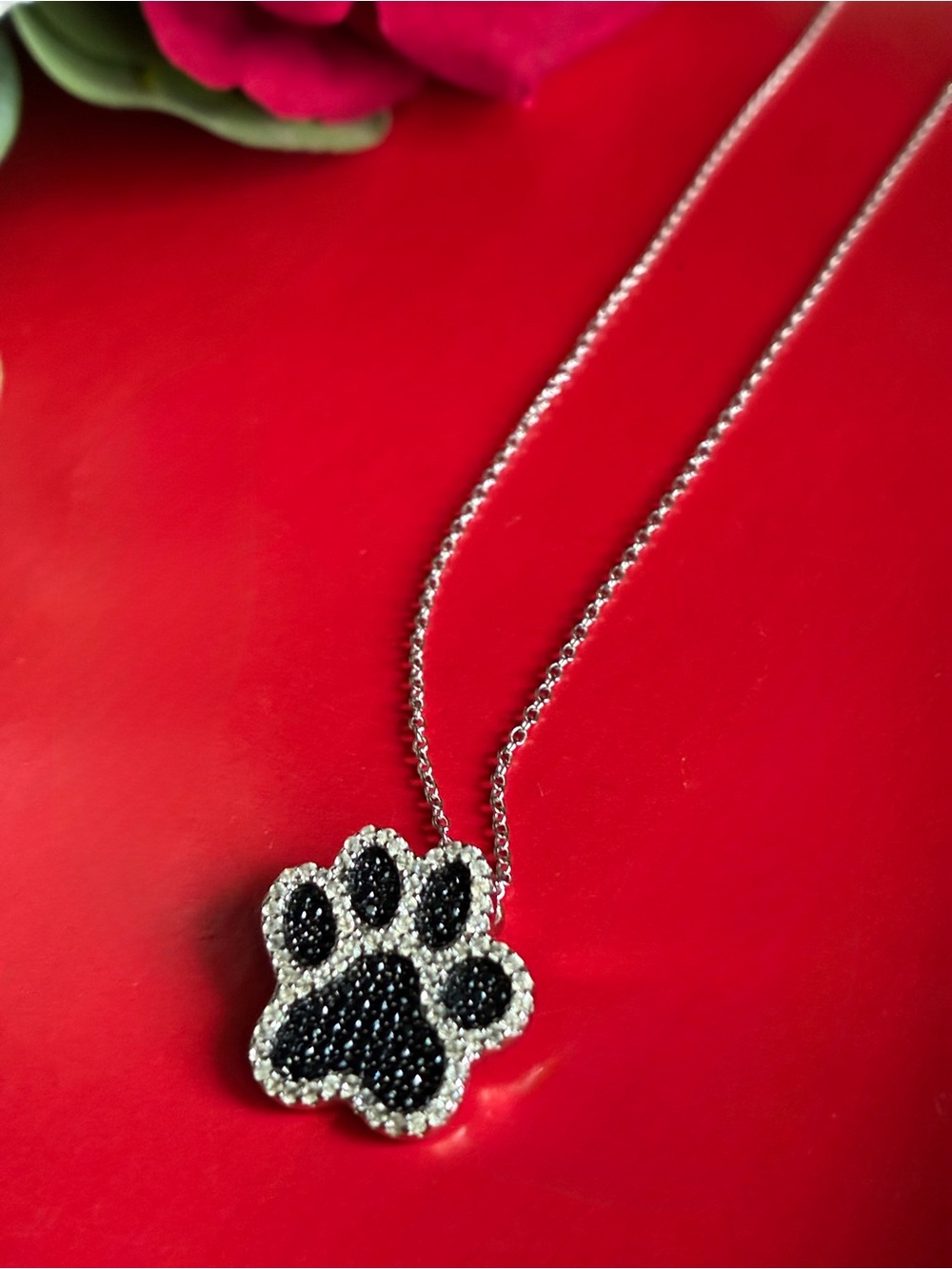 925 Silver Set,Black Paw Print Pendant Necklace and Stud Earrings Set 17” - Picture 8 of 9